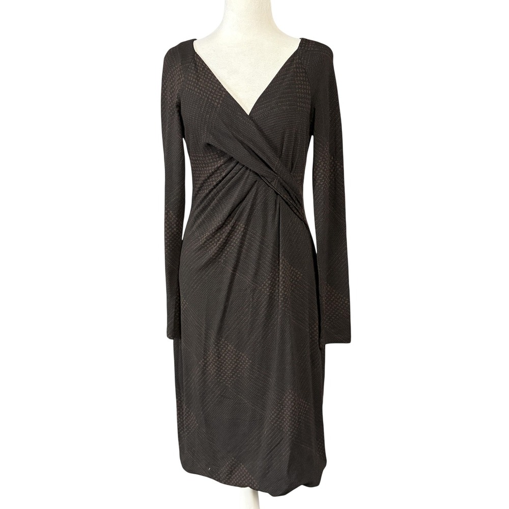 Max Mara Dress Womens 44 Brown Plaid Wool Jersey Faux Wrap V Neck Long Sleeve
